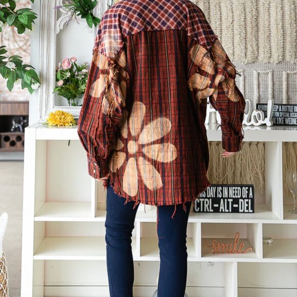 Oli & Hali Bleached Flower Detail Button Down Flannel Shirt - Picture 6 of 14